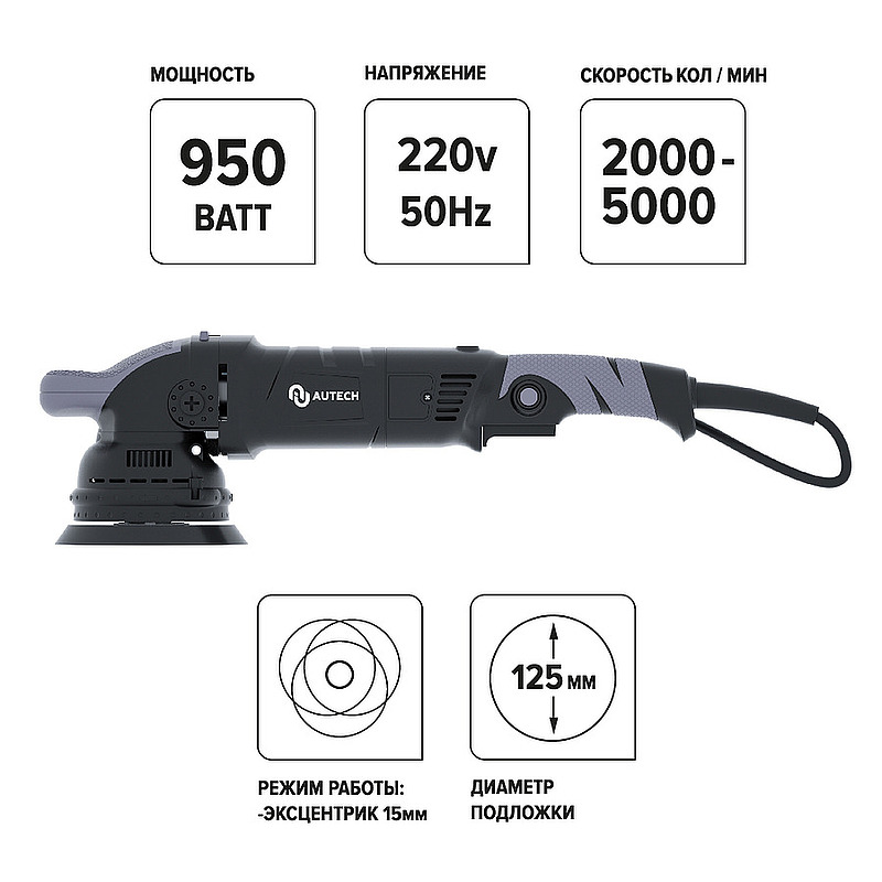 Профессиональная полировальная машинка эксцентрик или орбитальный ход 15мм, 950ватт 125 подложка 