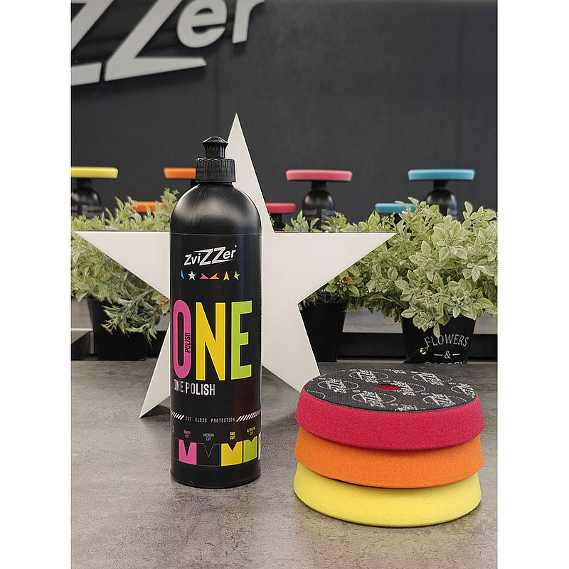 Набор для одношаговой полировки паста One Polish с защитой лака, 750 мл и круги разной степени жесткости 135мм