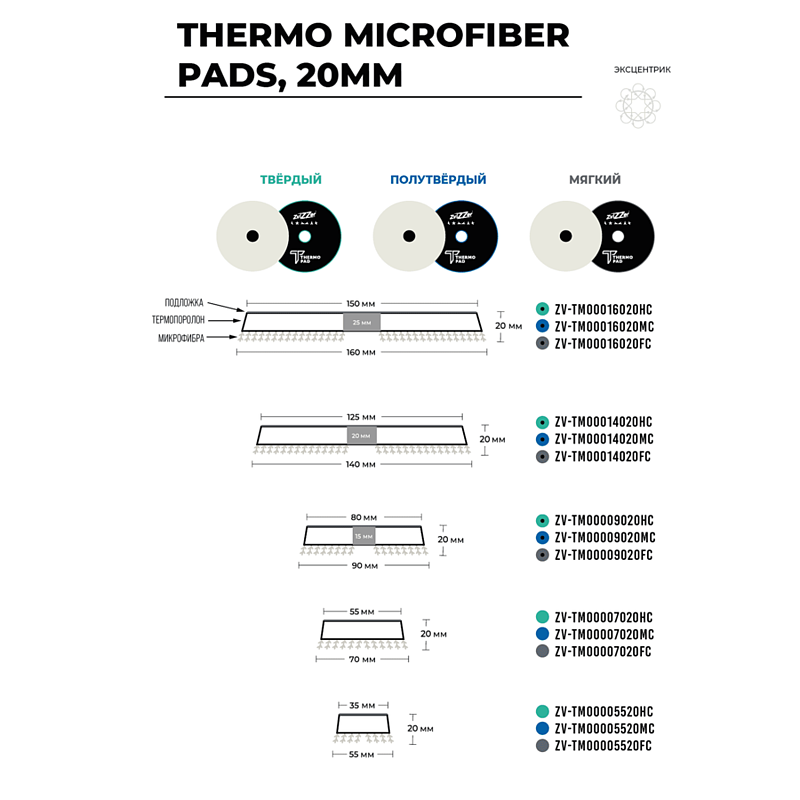 Zvizzer Thermo Microfiber 90/20/80мм Комплект 2шт.  Полировальный круг микрофра короткая  на полутвёрдом Termo поролоне с липучкой.